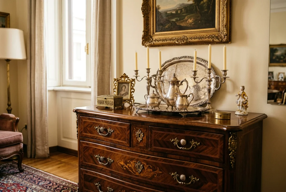 Cassettiera antica in legno con argenteria e oggetti d'antiquariato, valutabili durante lo sgombero